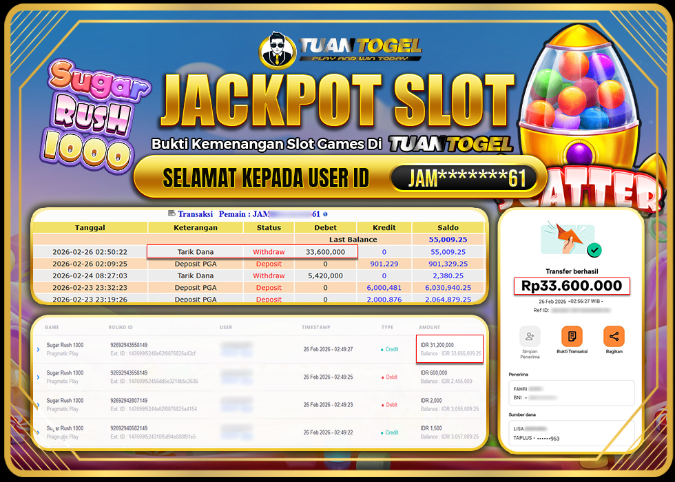TUANTOGEL JACKPOT SLOT SUGAR RUSH 1000 Rp33.600.000, - LUNAS